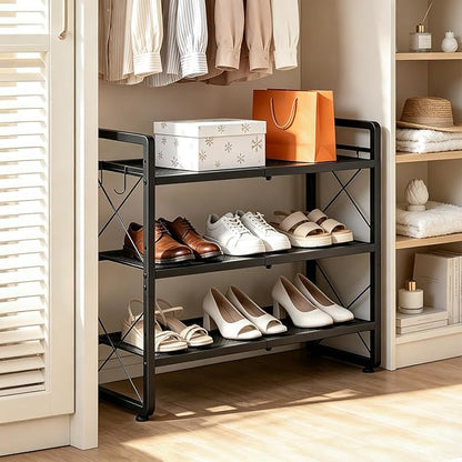 ELYKEN Shoe Rack, 3-Tier Expandable Shoe Organizer for Entryway, Metal Black Shoe Shelf with 4 Hooks, Ajustable Shoe Stand Holder for Closet, Garage, Door Entrance