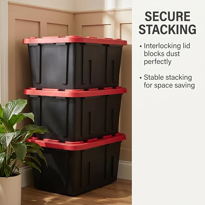 2-Pack 27 Gallon Heavy Duty Storage Bin with Lid, Stackable Large Plastic Tote Container for Home Garage & Outdoor - 30.6" W x 20.6" D x 14.3" H, Black and Red
