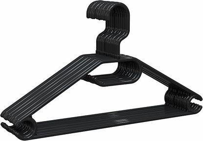 PORTENTUM Pack of 10 Plastic Hangers for All Types of Clothes – 100% Recycled Plastic - 360º Swivel Hook - Space Saving - Accessory Holder - Hooks for Dresses and Blouses - Black - Made in Spain