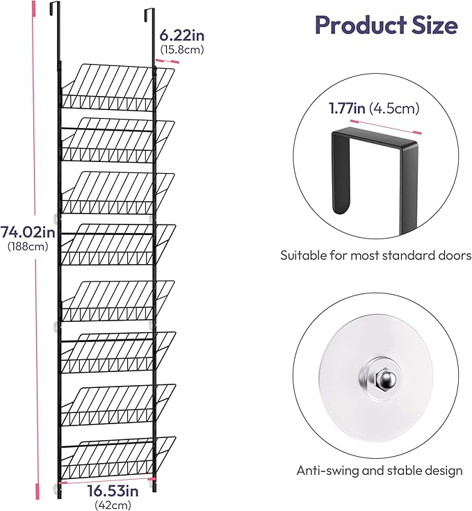SWTYMIKI Over the Door Shoe Organizer - Adjustable 8 Tier Hanging Shoe Rack Organizer, Metal Heavy Duty Behind Door Storage or Wall Mount Shoes Shelf for Flats, Heels, Sneakers, Boots, Black