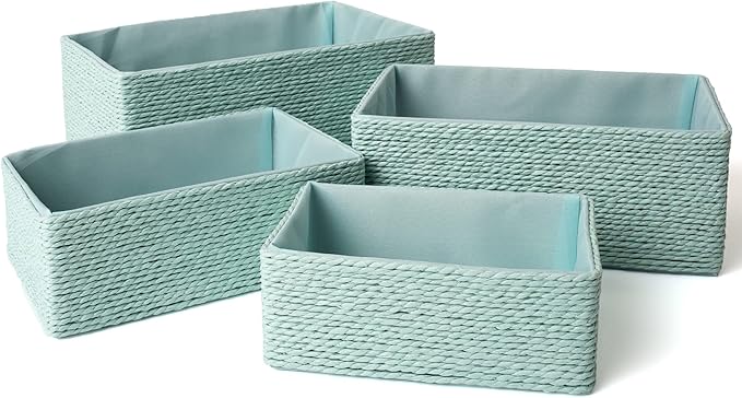 Storage Baskets Set 4 - Stackable Woven Basket Paper Rope Bin, Storage Boxes for Makeup Closet Bathroom Bedroom (Light Green)
