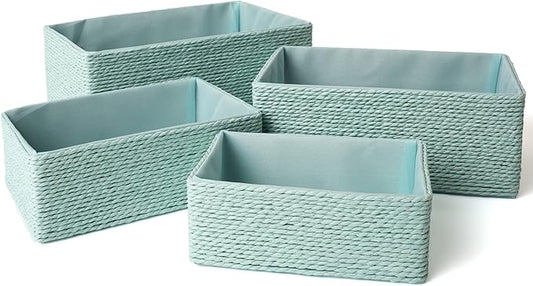 Storage Baskets Set 4 - Stackable Woven Basket Paper Rope Bin, Storage Boxes for Makeup Closet Bathroom Bedroom (Light Green)