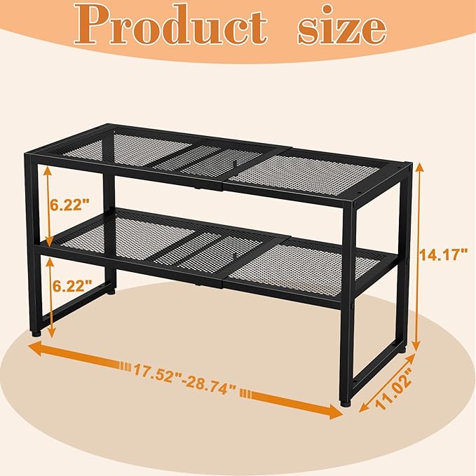 2 Tier Shoe Rack Organizer for Closet and Entryway, Expandable & Stackable Metal Shoe Storage Shelf, Adjustable Small Shoe Rack (17.52-28.74 in), Black