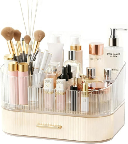 Makeup Organizer Countertop with 360 Rotating Brush Holder, Make Up Organizers For Vanity With Drawer, Bathroom Countertop Skincare Organizer And Storage