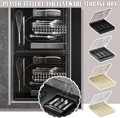 Utensil Tray with Lid, 6 Compartments Covered Silverware Organizer Case for Spoons Forks, Plastic Cutlery and Flatware Storage Box for Kitchen Drawer and Countertop(Gray)