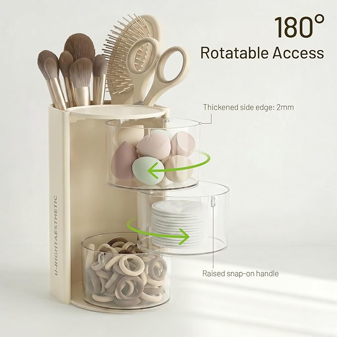 Hair Accessories Organizer with Makeup Brush holder, Bathroom Organizer and Storage, Qtip Holder Dispenser for Necklaces, Earring, Bracelet, Ring, Hair Clip, Cotton Swabs, Rotatable, 3-Layer (Cream)