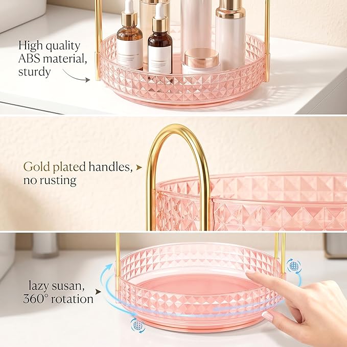 Fangoo 2 Tiers Pink Rotating Makeup Organizer for Vanity 360 Spinning Skincare Organizers for Dresser Perfume Organizer Large Skincare Make up Storage Cosmetic Organizer for Bathroom Countertop