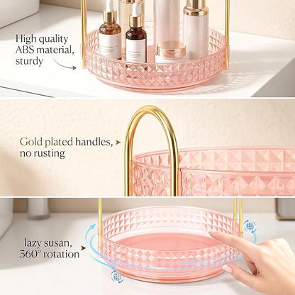Fangoo 2 Tiers Pink Rotating Makeup Organizer for Vanity 360 Spinning Skincare Organizers for Dresser Perfume Organizer Large Skincare Make up Storage Cosmetic Organizer for Bathroom Countertop