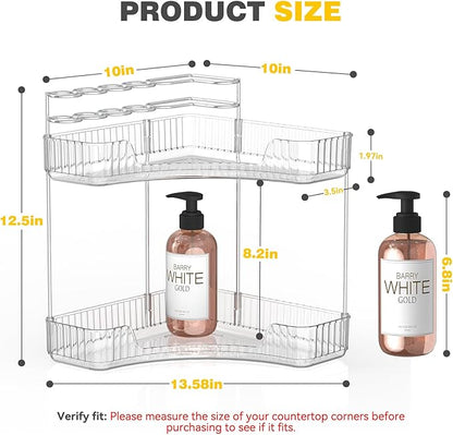 Asayuee 2-Tier Corner Bathroom Counter Organizer with Top Toothbrush Holders,Large Makeup Organizer Countertop with Brush Holder,Skincare Organizers Corner,Exquisite Vanity Organizer(Clear, 2 Tier)