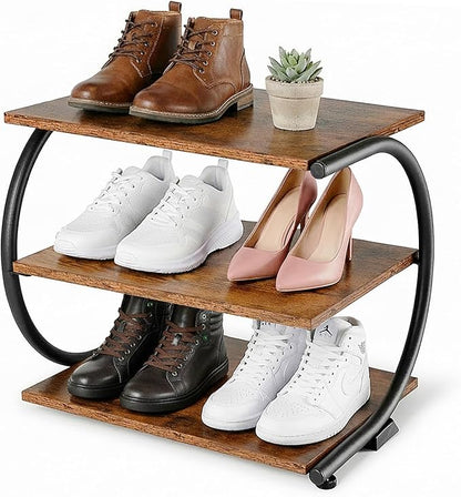 C-Shaped 3-Tier Shoe Rack with Metal Frame & Adjustable Feet - Compact Organizer for Entryway, Closet, Hallway (Holds 11 lbs/Shelf)