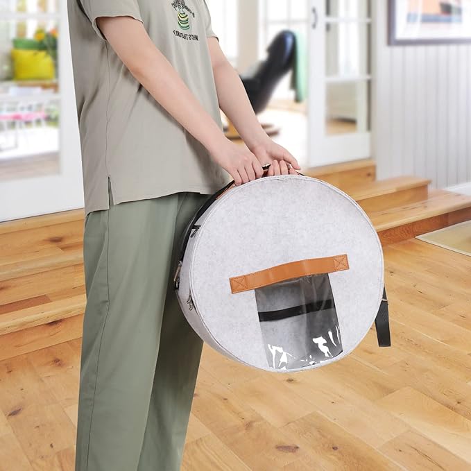 Pehciroe Round Hat Storage Box, Portable Felt Travel Hat Boxes for Women & Men with Translucent Dustproof Lid and Shoulder Strap for Various Types of Hats/Clothes & Toy Storage/Closet Organizer, Grey
