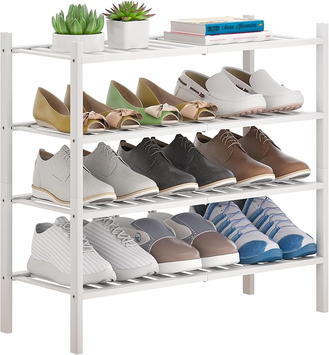 Bamboo Shoe Rack Stackable Shoe Shelf Storage Organizer for Unit Entryway Hallway and Closet Sturdy Freestanding Shoe Shelf(4 Tier White)