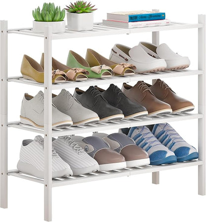 Bamboo Shoe Rack Stackable Shoe Shelf Storage Organizer for Unit Entryway Hallway and Closet Sturdy Freestanding Shoe Shelf(4 Tier White)