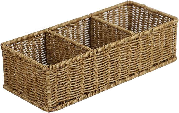 Waterproof Wicker Basket With 3 Compartments, Hand Woven Bathroom Counter Organizer, Small Storage Basket for Toilet Paper Storage, Countertop Shelf Toilet Tank (Light Brown)