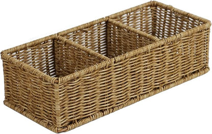 Waterproof Wicker Basket With 3 Compartments, Hand Woven Bathroom Counter Organizer, Small Storage Basket for Toilet Paper Storage, Countertop Shelf Toilet Tank (Light Brown)