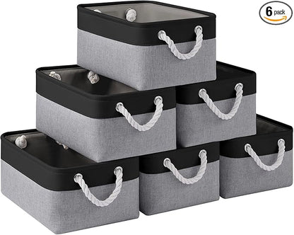Storage Baskets for Shelves 13.8x9.8x6.7 Inch, Foldable Fabric Storage Bins with Handles, Small Storage Baskets for Organizing Closet, Office, Home Organization (6-Pack, Black&Gray)