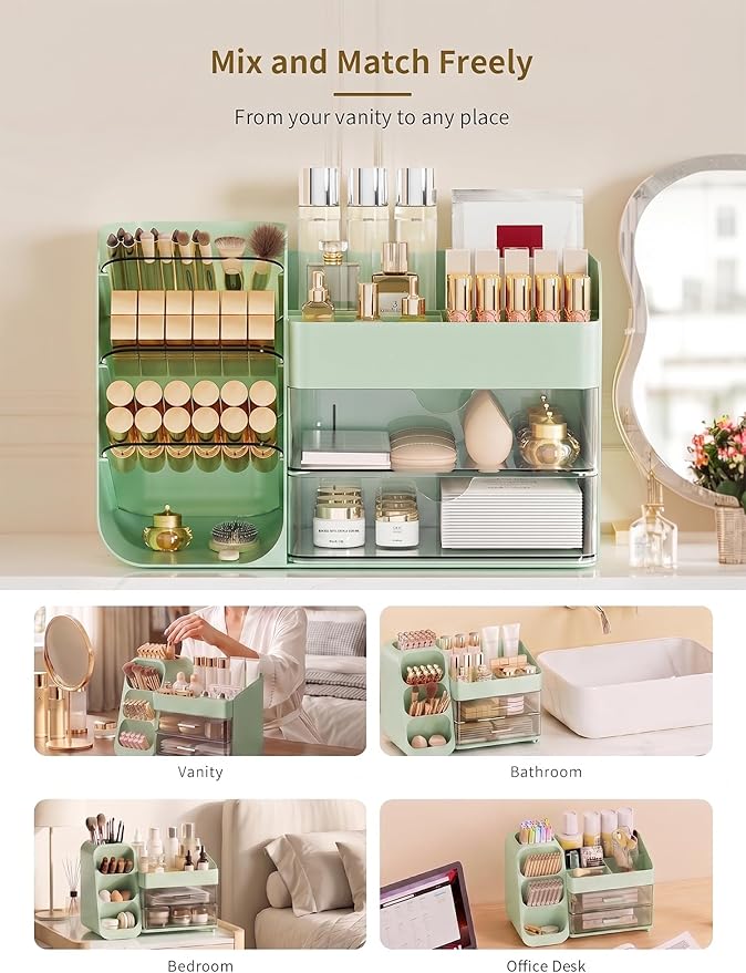 Booklov Makeup Organizer for Vanity, Countertop Cosmetic Display Case with Clear Acrylic Drawers, Bathroom Counter Beauty Caddy, Cute Table Storage Holder for Skincare, Brush Lipsticks, Crystal Green