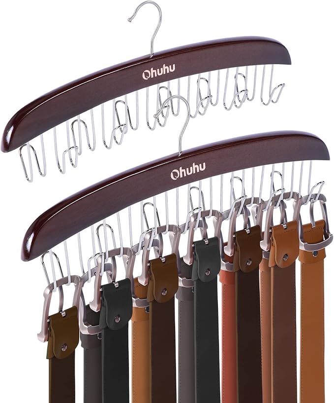 Belt Hanger Organizer for Closet: Ohuhu 2 Pack 12 Hooks Max 36 Belts Tie Rack Wooden Belt Holder for Storage 360 Degree Rotating Space Saver Organizer for Men Women Belt Tie Scarf Accessories-Walnut