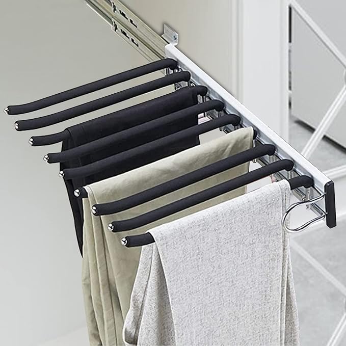 9-Arm Closet Pants Hanger,Pull Out Pants Rack Right/Left Mounted Trousers Rack,Space Saving Pants Rack Jeans Hangers with Non-Slip Pants Hanger Closet Organizer for Jeans,Pants,Ties,Slacks (Right)