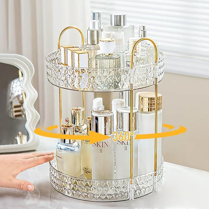 Rotating Makeup Organizer for Vanity, 2 Tier Perfume Skincare Storage for Women, Bathroom Counter Organizer, 360° Spinning Cosmetic Holder for Dresser Countertop, Clear
