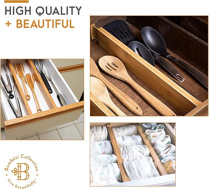 4-Pack Bamboo Drawer Dividers - 2.6 Inches High, Adjustable 12 to 17 Inches Expandable Drawer Organizer Dresser Separator for Clothes, Utensils, Bedroom, Bathroom, Kitchen, Office Storage Organization