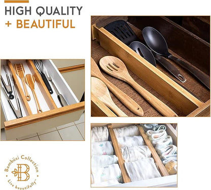 4-Pack Bamboo Drawer Dividers - 2.6 Inches High, Adjustable 12 to 17 Inches Expandable Drawer Organizer Dresser Separator for Clothes, Utensils, Bedroom, Bathroom, Kitchen, Office Storage Organization