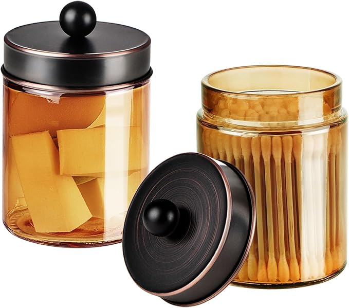 3 Pack Apothecary Jar Canisters Bathroom Vanity Organizer - Qtip Holder Storage Organizer Set Countertop Canister with Stainless Steel Lids &Cute Stickers for Qtips,Cotton Swabs,Makeup Sponges,Floss