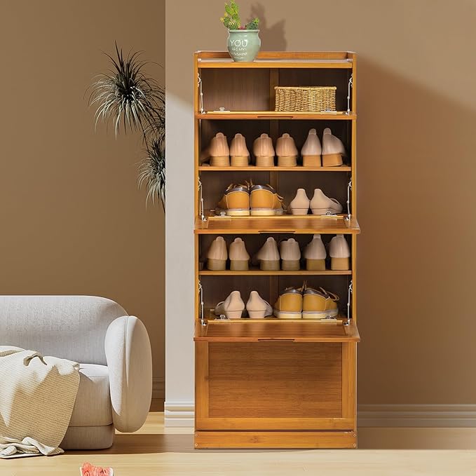 Magshion Bamboo Entryway Shoe Storage Cabinet with Pull-Down Door, 7-Tier Freestanding Shoe Cabinet Organizer for Hallway Entryway, for Convenient Shoe Organization (Brown)