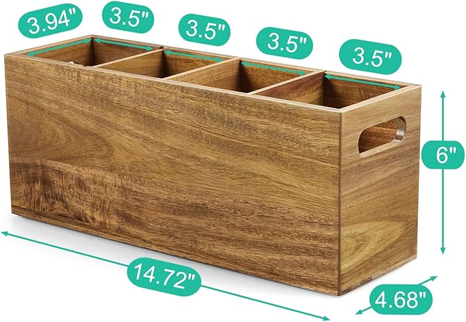 ALELION Acacia Wood Utensil Holder with Removable Divider - 4 Compartment Wooden Utensil Caddy Organizer for Kitchen Counter - Cooking Utensil Crock for Countertop
