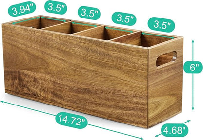 ALELION Acacia Wood Utensil Holder with Removable Divider - 4 Compartment Wooden Utensil Caddy Organizer for Kitchen Counter - Cooking Utensil Crock for Countertop