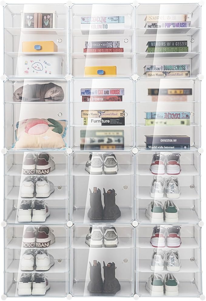 12-Tier Shoe Rack - 72 Pairs Shoe Storage Organizer - Stackable, Portable Cabinet (3-Tier Box x 12)