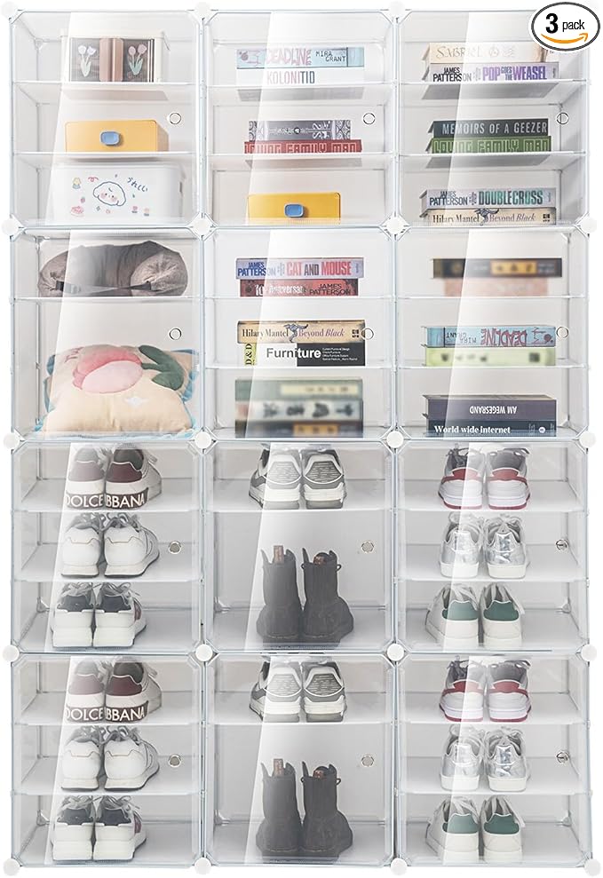 Shoe Box, 12-Tier Shoe Storage Boxes Shoe Boxes Clear Plastic Stackable, Shoe Organizer Containers,Ventilation and Dust-proof, Shoe Container Boxes for Close (3 * 12)