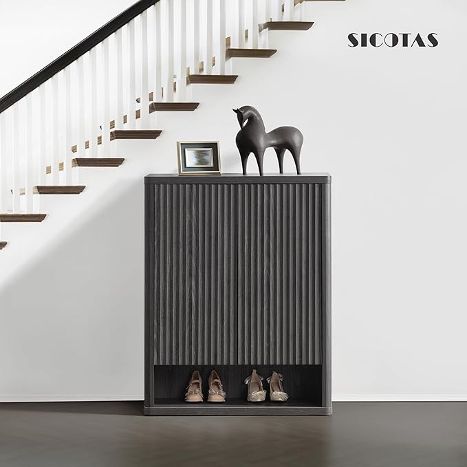SICOTAS Shoe Cabinet 44 inch Tall Fluted Shoe Cabinet with Doors & 4 Shelves Wooden Large Hidden Shoe Storage Organizer Modern Free Standing 6-Tier Cabinet for Entryway Living Room Closet