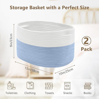 ECDYQXVU Cotton Rope Storage Basket, 15x10x9 Inches, Woven Basket for Shelves, Clothes, Towels, Books, and Laundry, White Blue (2 Pack)