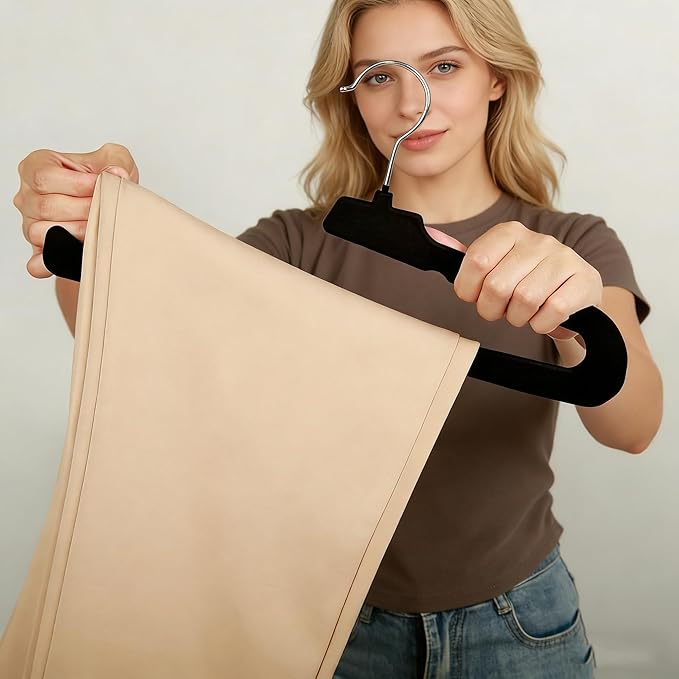 Velvet Pants Hangers, 10 Pack Non-Slip Open Ended Hangers with 360° Swivel Hook, Strong Grip for Trousers, Skirts, and Clothing, Space-Saving Design