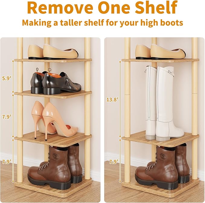 LUCKNOCK Vertical Shoe Rack, 8-Tier Tall Narrow Shoe Organizer for Entryway, Closet, Dorm & Small Spaces, Freestanding Wooden Shoe Shelf Tower for Boots, Sneakers, Heels. (Walnut)