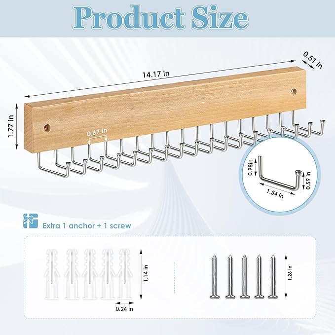 Tie Rack Belt Hanger Wall Mounted, Lomrsiul Non Slip 180 Degree Rotating Tie Organizer for Men Closet with 18 Hooks Closet Organizers and Storage for Tie Belt Necklace Purse Scarf Bag Natural 2 Pack