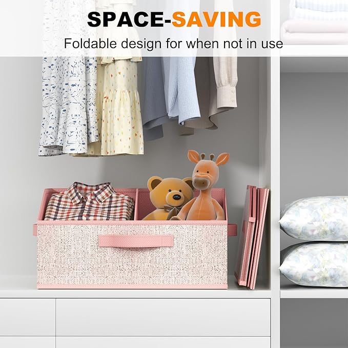Closet Storage Bins 6 Pack, Large Closet Organizer Baskets with Divider & Handles,Trapezoid Fabric Shelf Organizers, Collapsible Storage Cubes for Clothes, Towels, Toys - Pink