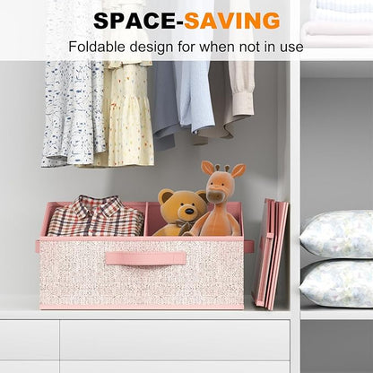 Closet Storage Bins 6 Pack, Large Closet Organizer Baskets with Divider & Handles,Trapezoid Fabric Shelf Organizers, Collapsible Storage Cubes for Clothes, Towels, Toys - Pink