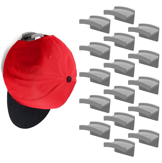 Modern JP Adhesive Hat Hooks for Wall (16-Pack) - Minimalist Hat Rack Design, No Drilling, Strong Hold Hat Hangers - USA Patented, Gray