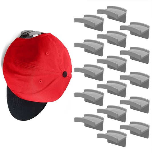Modern JP Adhesive Hat Hooks for Wall (16-Pack) - Minimalist Hat Rack Design, No Drilling, Strong Hold Hat Hangers - USA Patented, Gray