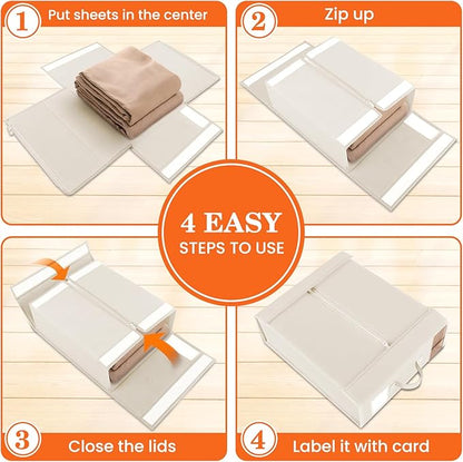 WOWBOX Sheet Organizers and Storage,Closet Bed Sheet Organizer Under Bed Storage and Organization with Label Cards & Clear Window for Bedding Sheets,Duvet Covers,Blankets (3 Pack，Beige)