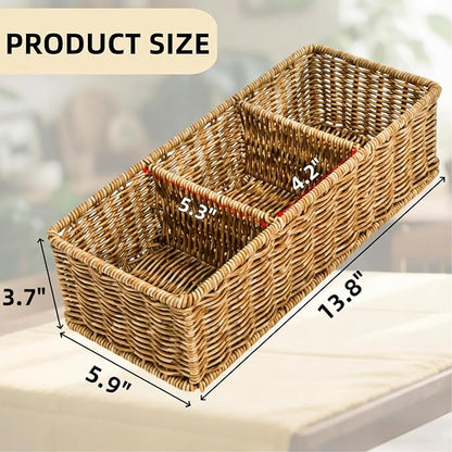 Covzoe 2 Pack Wicker Storage Basket, 3 Compartments Plastic Toilet Tank Topper Woven Basket, Rattan Storage Container Countertop Organizer for Bathroom Bedroom Decor, Tan