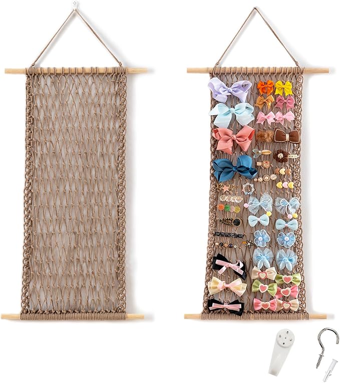 Pretty Jolly Macrame Hair Clips Accessories Organizer Hairbow Holder Rack for Girl Clips Storage Claw Clip Ornaments Keeper for Girls Room Wall Hanging Decor(Coffee)