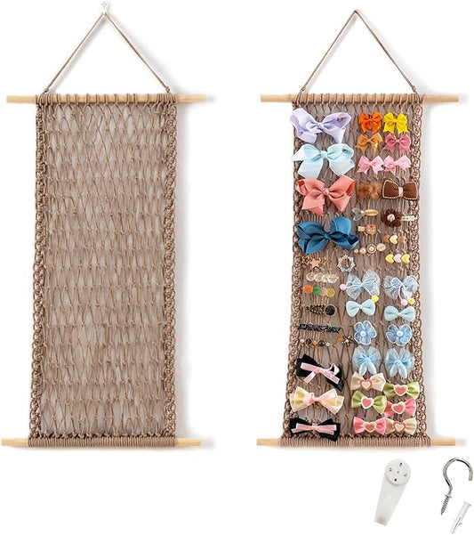 Pretty Jolly Macrame Hair Clips Accessories Organizer Hairbow Holder Rack for Girl Clips Storage Claw Clip Ornaments Keeper for Girls Room Wall Hanging Decor(Coffee)