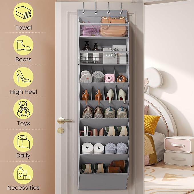 Mefirt 16-20 Pairs Over the Door Shoe Organizer, Clear Pockets Shoe Rack for Closet Door, Hanging Shoe Rack for Boots, Behind the Door Shoe Holder Fit All the Family's Sneakers, Boots, Heels, Grey