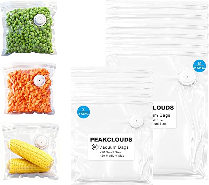 Reusable Vacuum Sealer Bags for Food Storage, 40 Count (20 Small 8.6"x8.2" + 20 Medium 13.4"x10.2") Reusable Sous Vide Bags, BPA-Free & Leakproof for Freezer, Microwave, Dishwasher