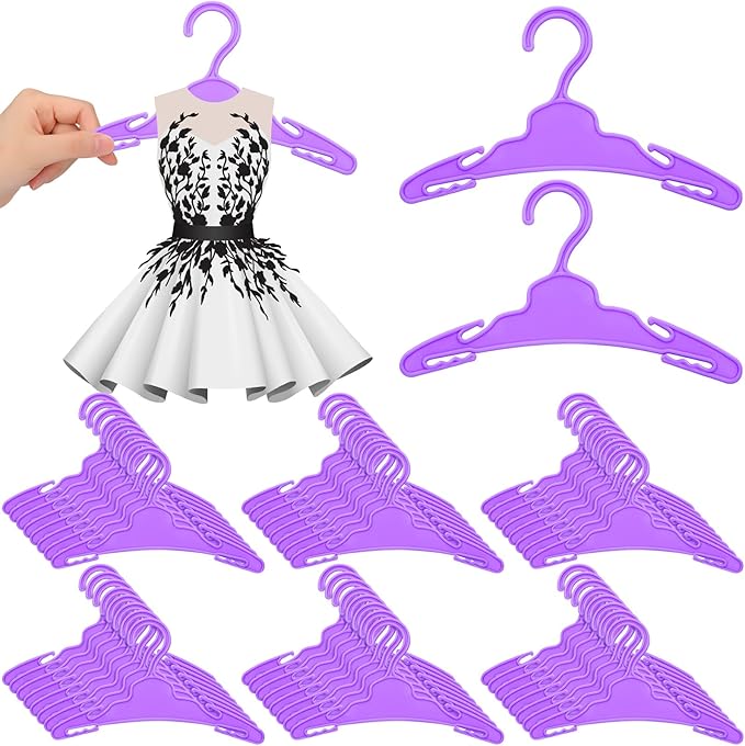 Soulchen 50 Pcs Doll Clothes Hangers for 18 Inch Dolls, Purple Plastic Clothes Hangers with Non-Slip Clips, Space-Saving Wardrobe Accessories for Gown Dress Outfit