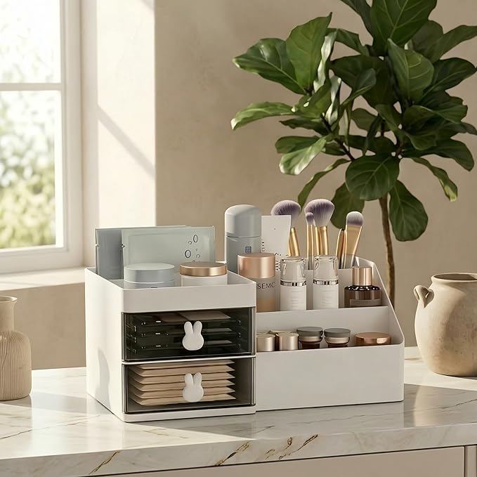 Makeup Organizer With 2 Drawers, Countertop Organizer For Vanity, Bathroom Organizers And Storage, Bathroom And Bedroom Desk Cosmetics Organizer For Skin Care, Brushes, Eyeshadow, Lotions (White)