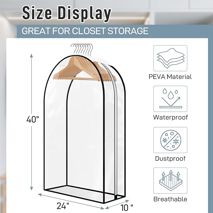 LiaMeE 10'' Wide Gusseted Clear Garment Bags for Hanging Clothes, Suit Clothing Bags for Closet Storage Covers for Garment Protection, Suitable for Coats Dresses Fur Coats Shirts (40 inch 3Pack)